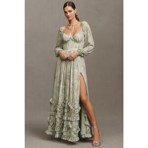 Anthro V. CHAPMAN Green Carmella Long Sleeve Corset Side Slit Chiffon Dress